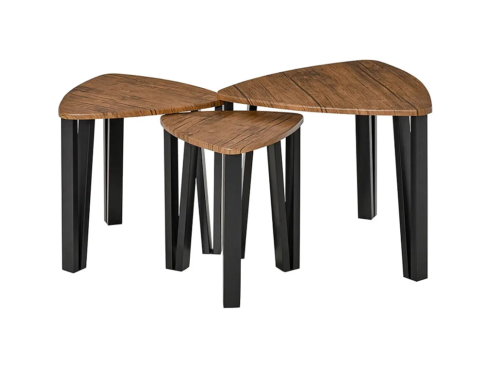 Ensemble de table basse encastrable 3 pièces, pieds métalliques noirs, design en forme de coin, plateau en bois de noyer.