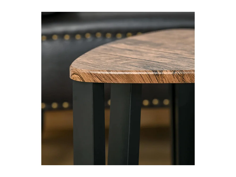 Ensemble de table basse encastrable 3 pièces, pieds métalliques noirs, design en forme de coin, plateau en bois de noyer.