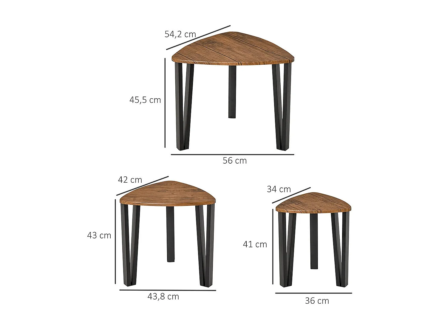 Ensemble de table basse encastrable 3 pièces, pieds métalliques noirs, design en forme de coin, plateau en bois de noyer.