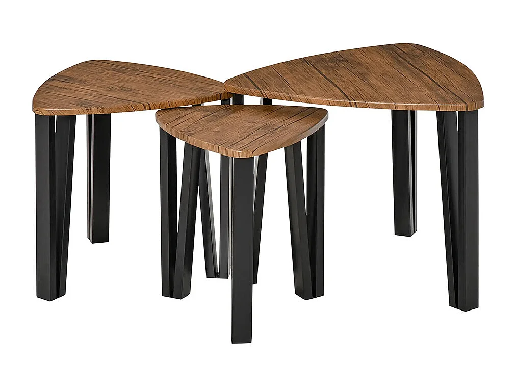 Ensemble de table basse encastrable 3 pièces, pieds métalliques noirs, design en forme de coin, plateau en bois de noyer.