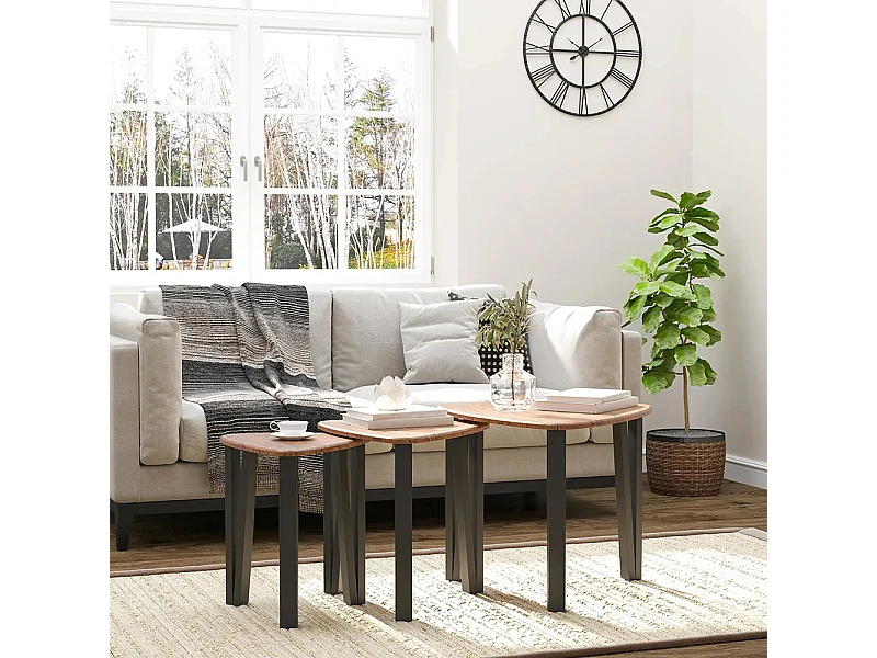 Ensemble de table basse encastrable 3 pièces, pieds métalliques noirs, design en forme de coin, plateau en bois de noyer.