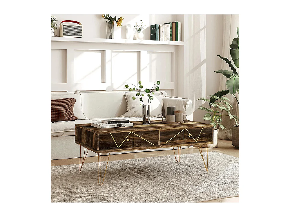 Table basse en bois, avec un grand plateau et deux tiroirs, décorée à la main de lignes dorées, 110 L x 59 l x 42 H cm, marron.