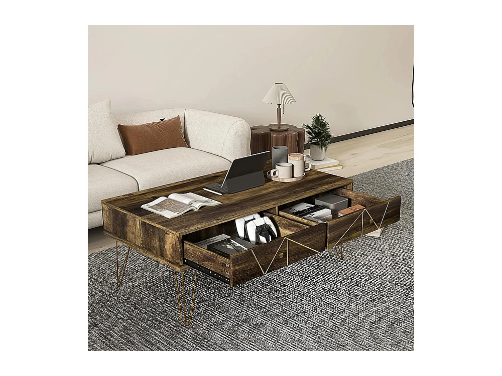 Table basse en bois, avec un grand plateau et deux tiroirs, décorée à la main de lignes dorées, 110 L x 59 l x 42 H cm, marron.