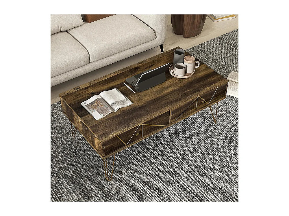 Table basse en bois, avec un grand plateau et deux tiroirs, décorée à la main de lignes dorées, 110 L x 59 l x 42 H cm, marron.