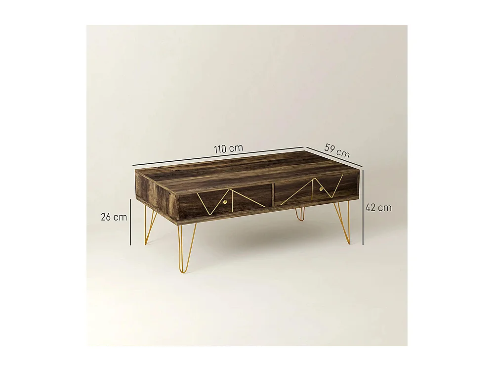 Table basse en bois, avec un grand plateau et deux tiroirs, décorée à la main de lignes dorées, 110 L x 59 l x 42 H cm, marron.