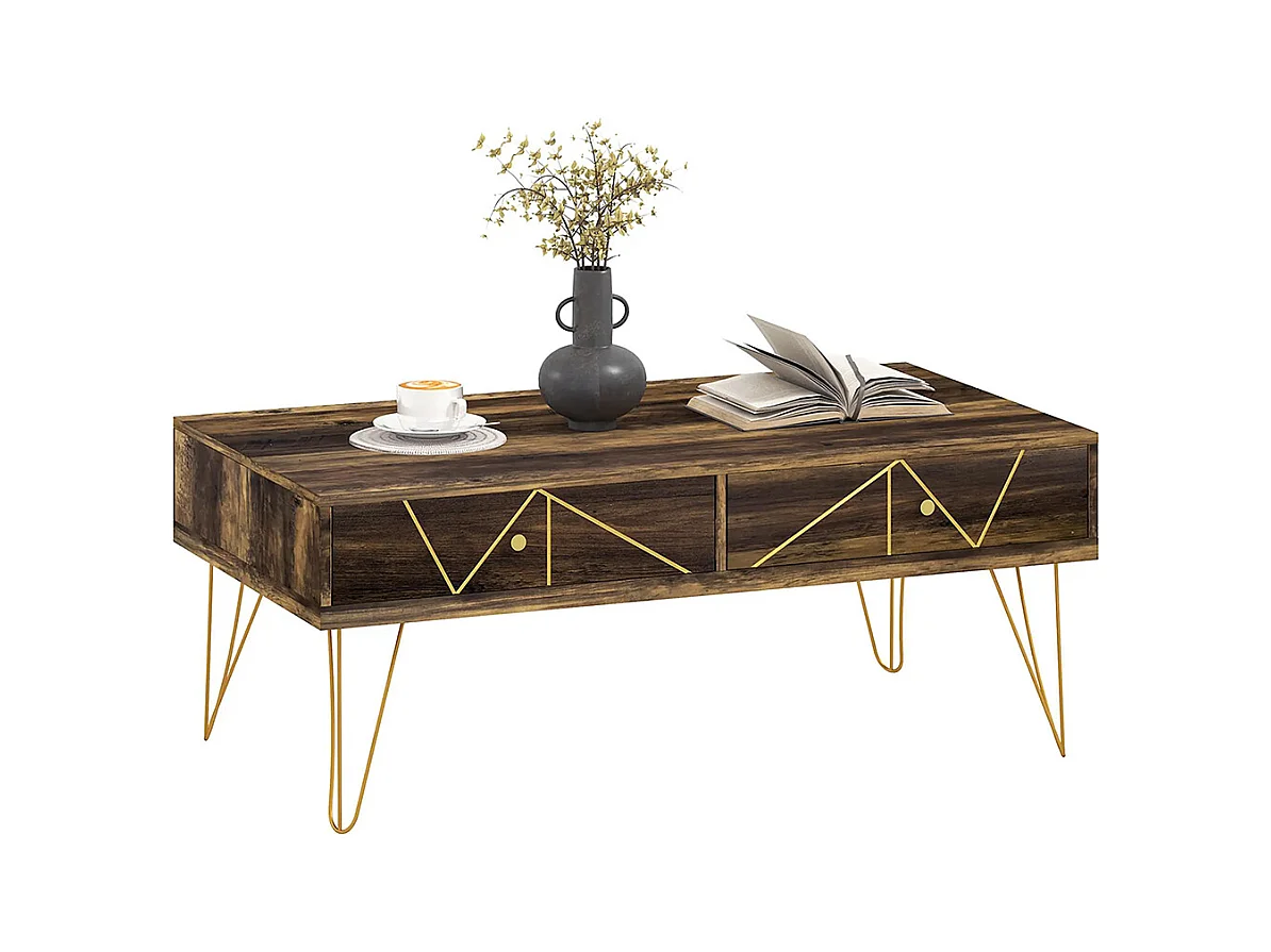 Table basse en bois, avec un grand plateau et deux tiroirs, décorée à la main de lignes dorées, 110 L x 59 l x 42 H cm, marron.