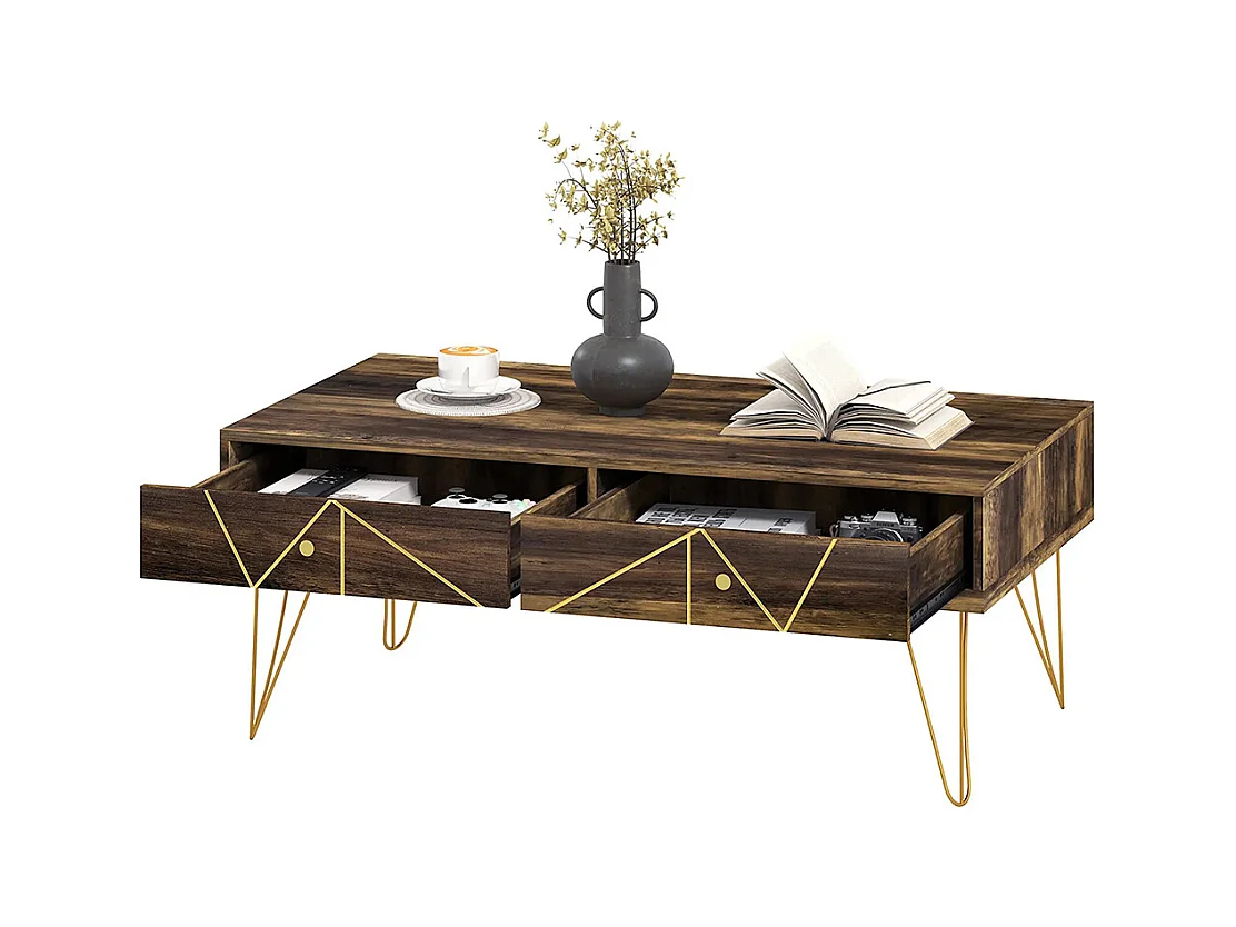 Table basse en bois, avec un grand plateau et deux tiroirs, décorée à la main de lignes dorées, 110 L x 59 l x 42 H cm, marron.