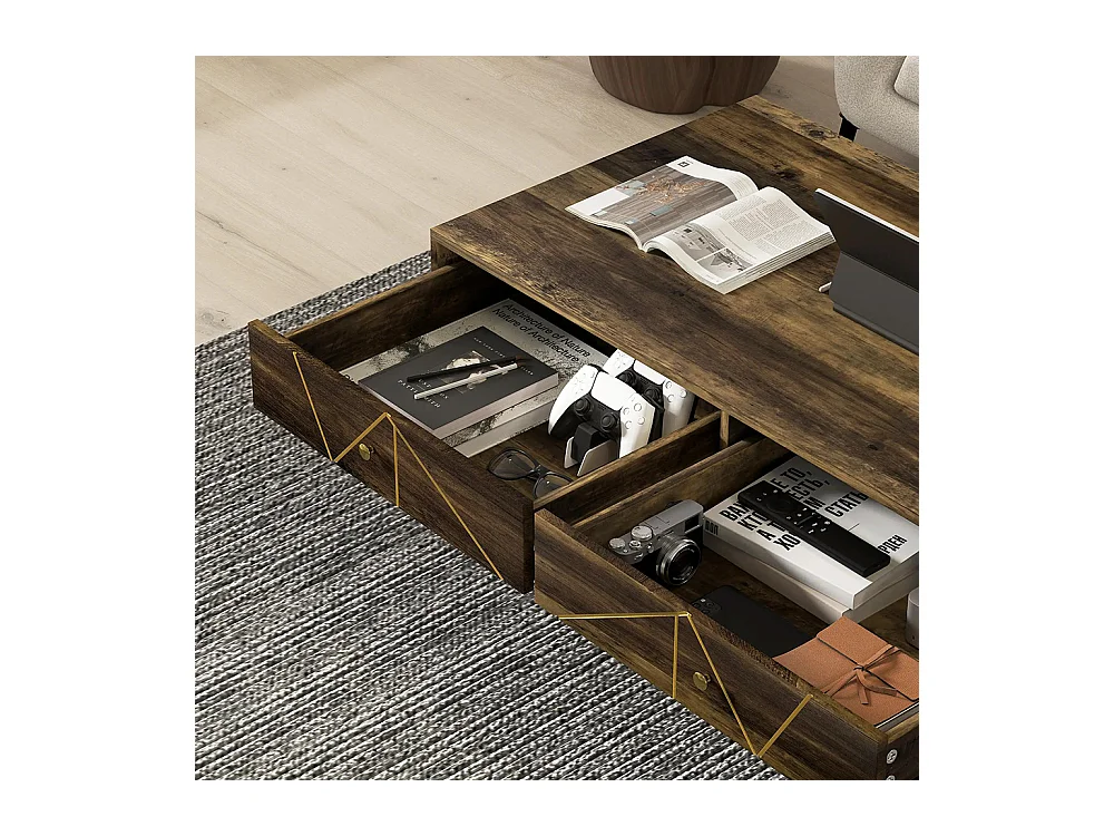 Table basse en bois, avec un grand plateau et deux tiroirs, décorée à la main de lignes dorées, 110 L x 59 l x 42 H cm, marron.