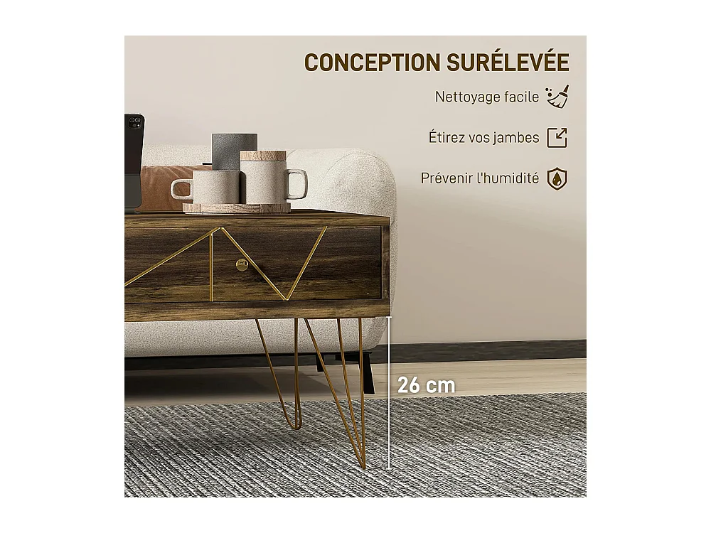 Table basse en bois, avec un grand plateau et deux tiroirs, décorée à la main de lignes dorées, 110 L x 59 l x 42 H cm, marron.