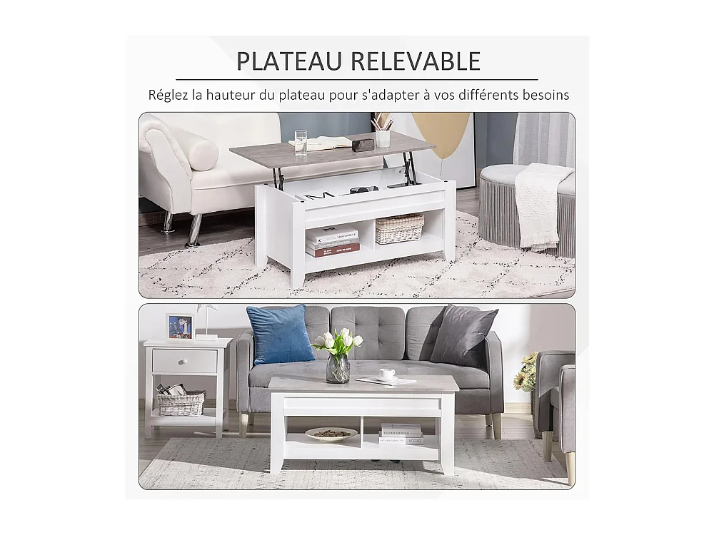 Table basse plateau relevable, table de salon avec étagères et compartiment caché,105 x 50 x 49-62,5 cm pour salon, chambre, bois blanc