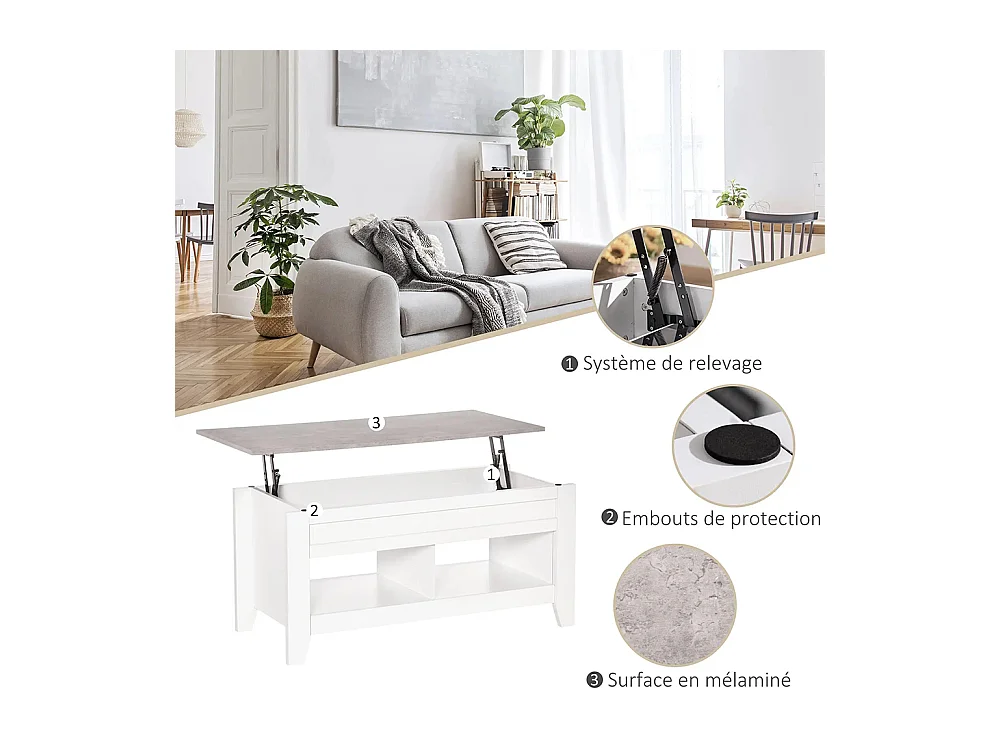 Table basse plateau relevable, table de salon avec étagères et compartiment caché,105 x 50 x 49-62,5 cm pour salon, chambre, bois blanc