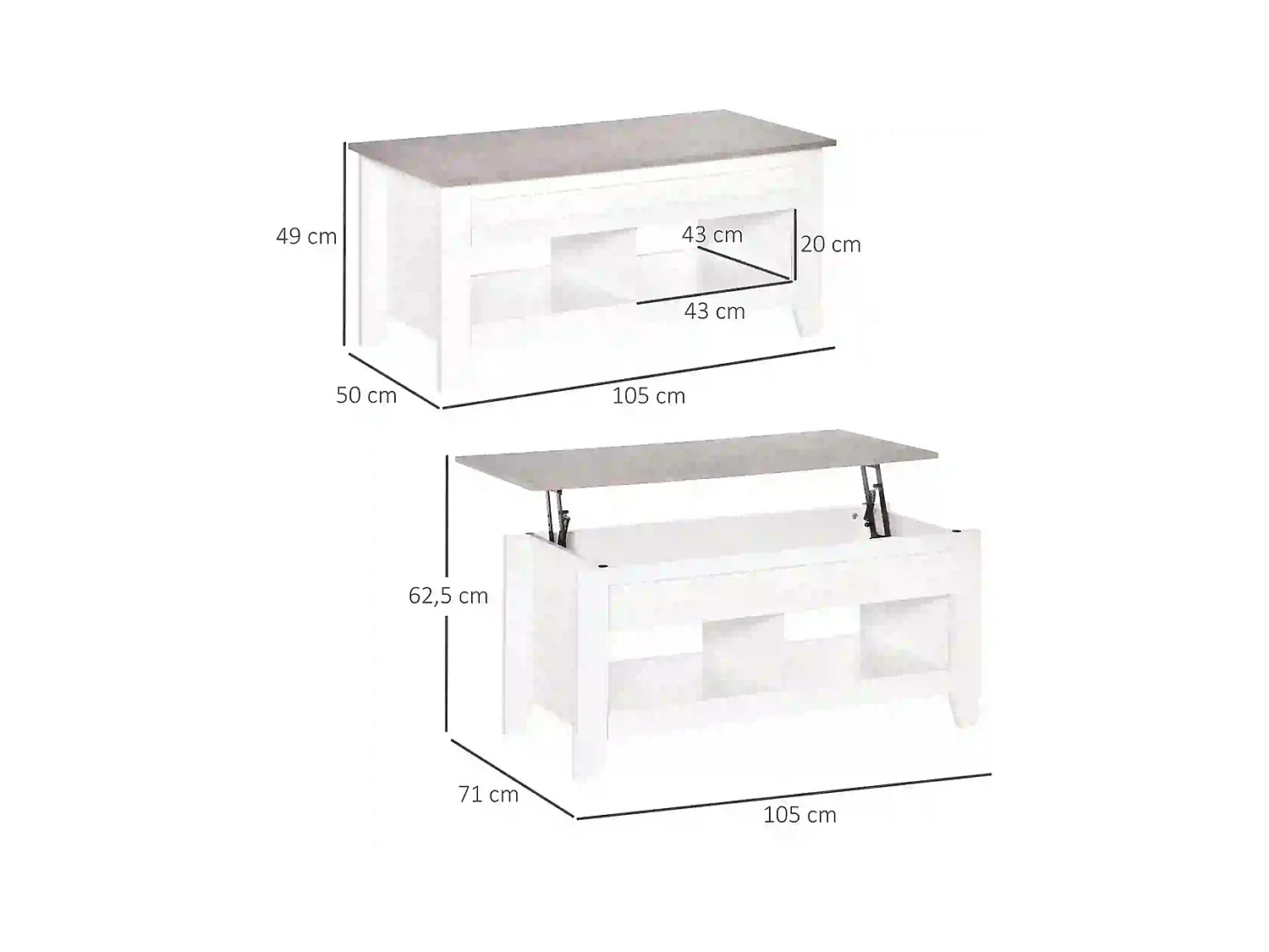 Table basse plateau relevable, table de salon avec étagères et compartiment caché,105 x 50 x 49-62,5 cm pour salon, chambre, bois blanc
