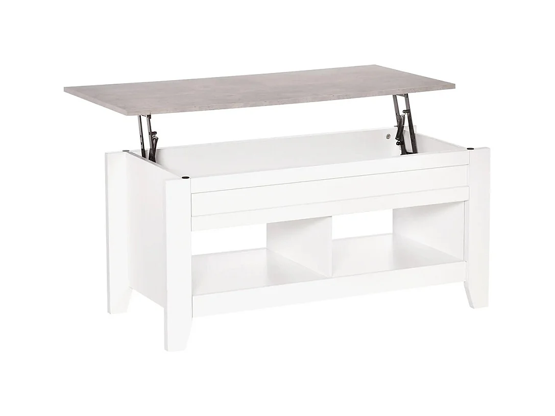Table basse plateau relevable, table de salon avec étagères et compartiment caché,105 x 50 x 49-62,5 cm pour salon, chambre, bois blanc