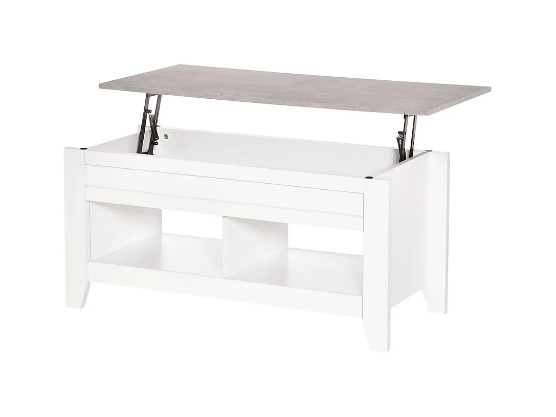 Table basse plateau relevable, table de salon avec étagères et compartiment caché,105 x 50 x 49-62,5 cm pour salon, chambre, bois blanc