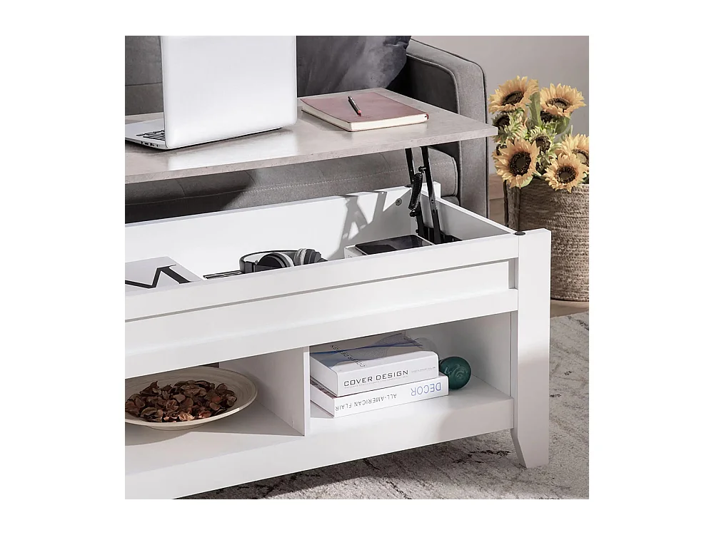 Table basse plateau relevable, table de salon avec étagères et compartiment caché,105 x 50 x 49-62,5 cm pour salon, chambre, bois blanc