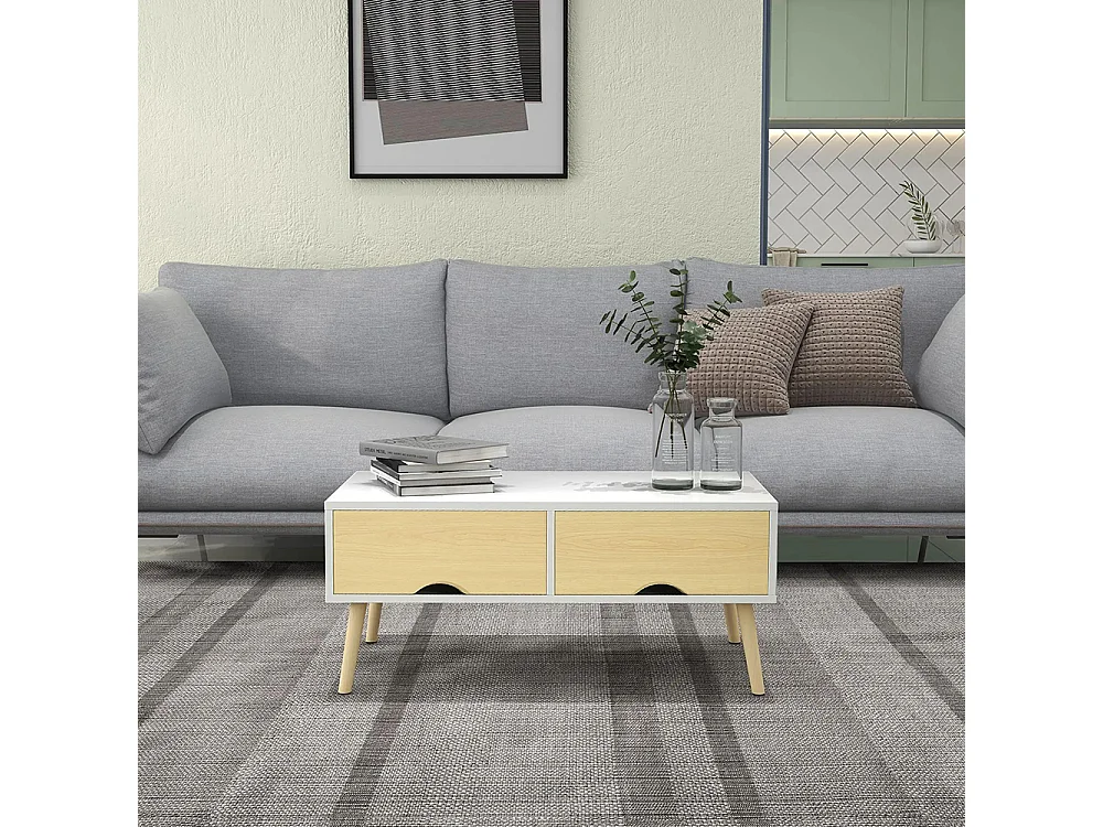 Table basse de salon rectangulaire avec 2 tiroirs et 1 compartiment ouvert 90 x 48 x 39 cm blanc et naturel