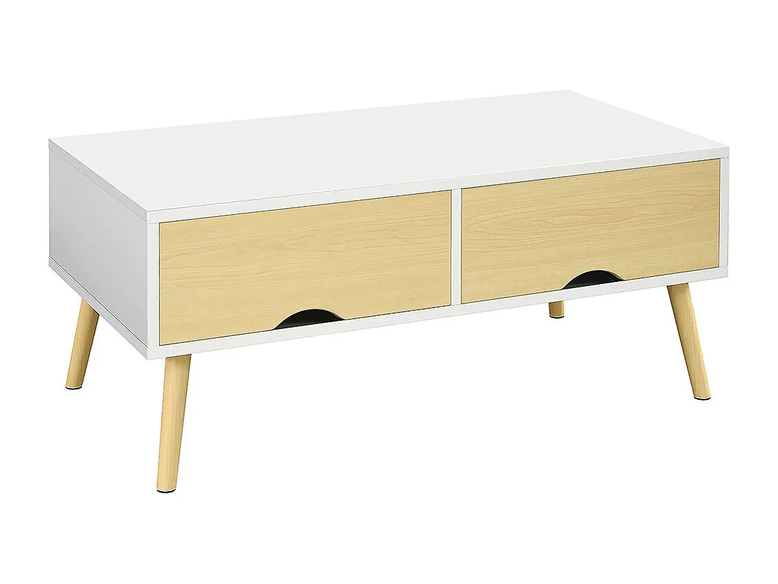 Table basse de salon rectangulaire avec 2 tiroirs et 1 compartiment ouvert 90 x 48 x 39 cm blanc et naturel