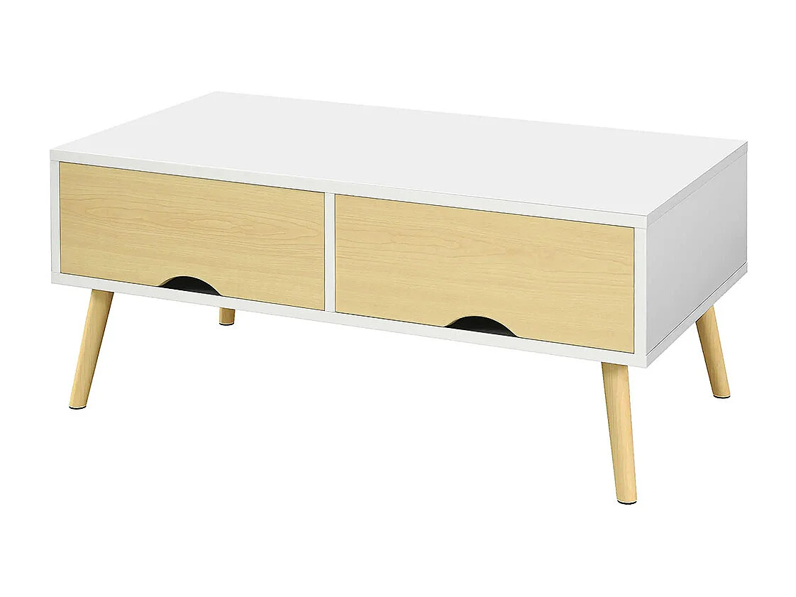 Table basse de salon rectangulaire avec 2 tiroirs et 1 compartiment ouvert 90 x 48 x 39 cm blanc et naturel
