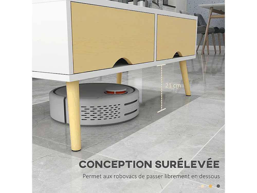 Table basse de salon rectangulaire avec 2 tiroirs et 1 compartiment ouvert 90 x 48 x 39 cm blanc et naturel