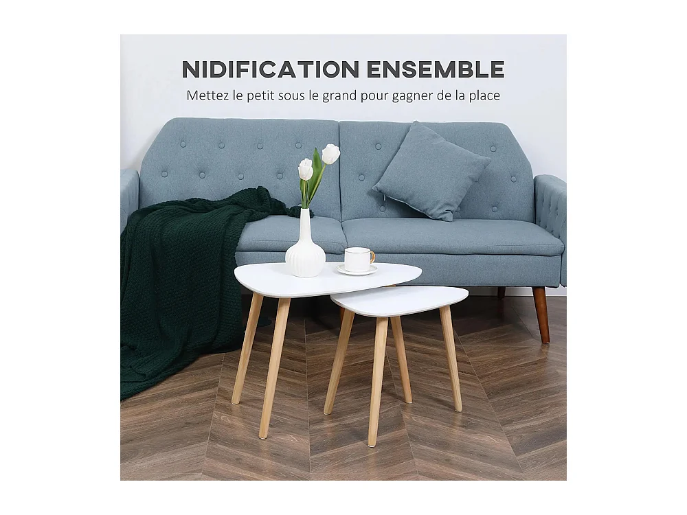 Lot de 2 tables basses gigognes design scandinave pieds en bois et plateau en bois, blanc