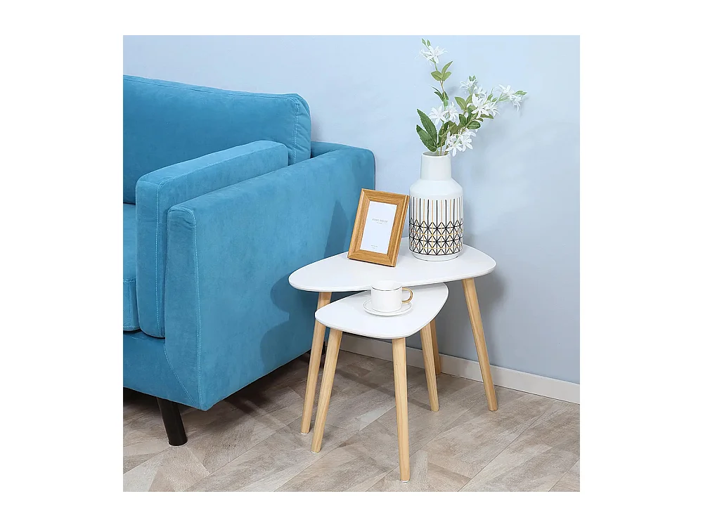 Lot de 2 tables basses gigognes design scandinave pieds en bois et plateau en bois, blanc
