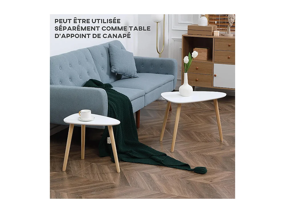 Lot de 2 tables basses gigognes design scandinave pieds en bois et plateau en bois, blanc