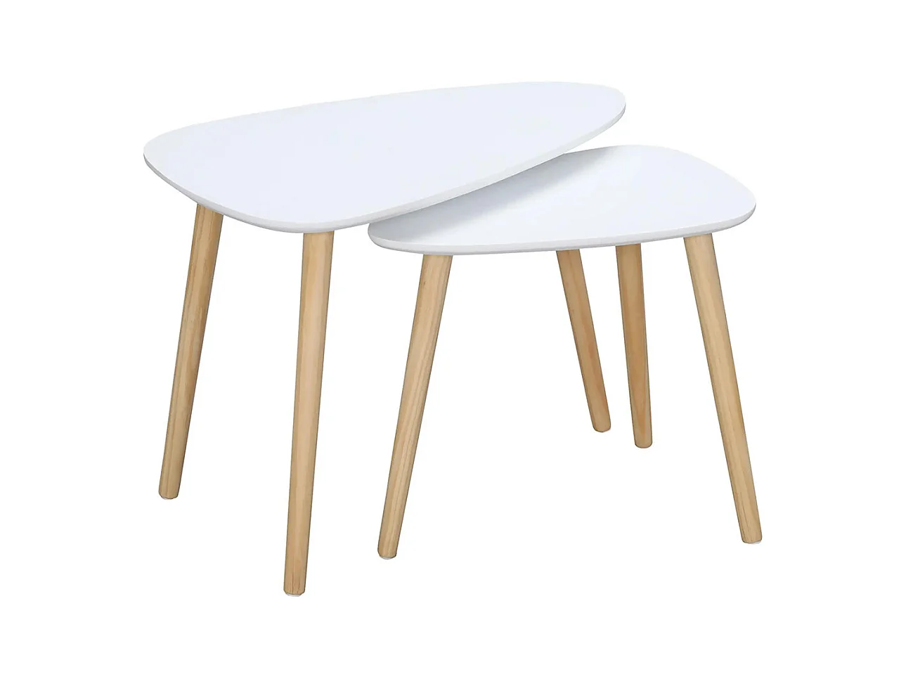 Lot de 2 tables basses gigognes design scandinave pieds en bois et plateau en bois, blanc