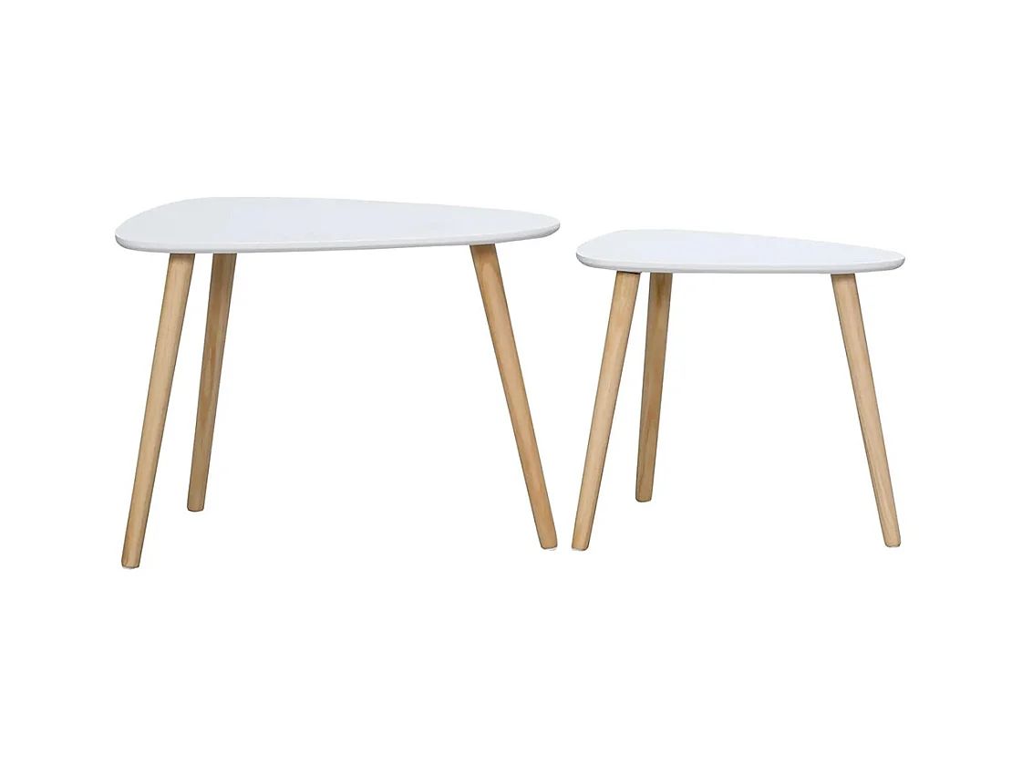 Lot de 2 tables basses gigognes design scandinave pieds en bois et plateau en bois, blanc
