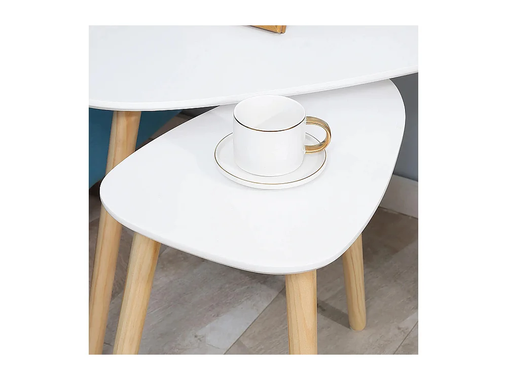 Lot de 2 tables basses gigognes design scandinave pieds en bois et plateau en bois, blanc