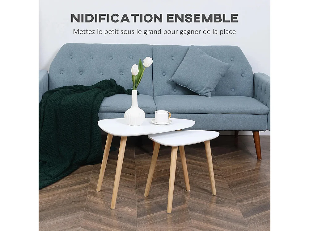 Lot de 2 tables basses gigognes design scandinave pieds en bois et plateau en bois, blanc