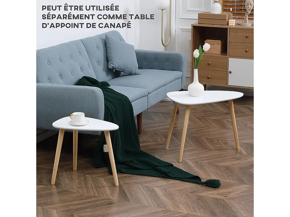 Lot de 2 tables basses gigognes design scandinave pieds en bois et plateau en bois, blanc