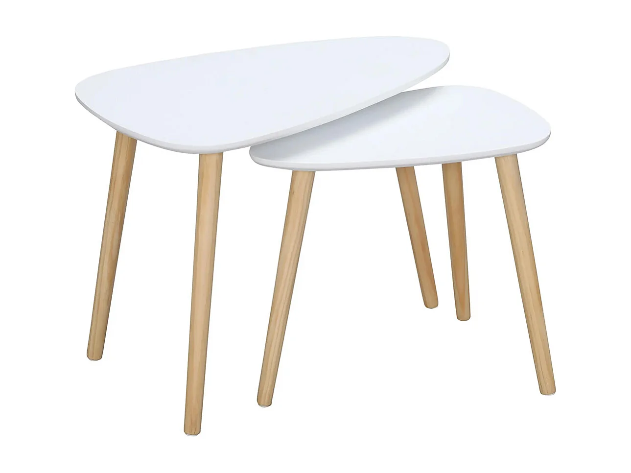 Lot de 2 tables basses gigognes design scandinave pieds en bois et plateau en bois, blanc