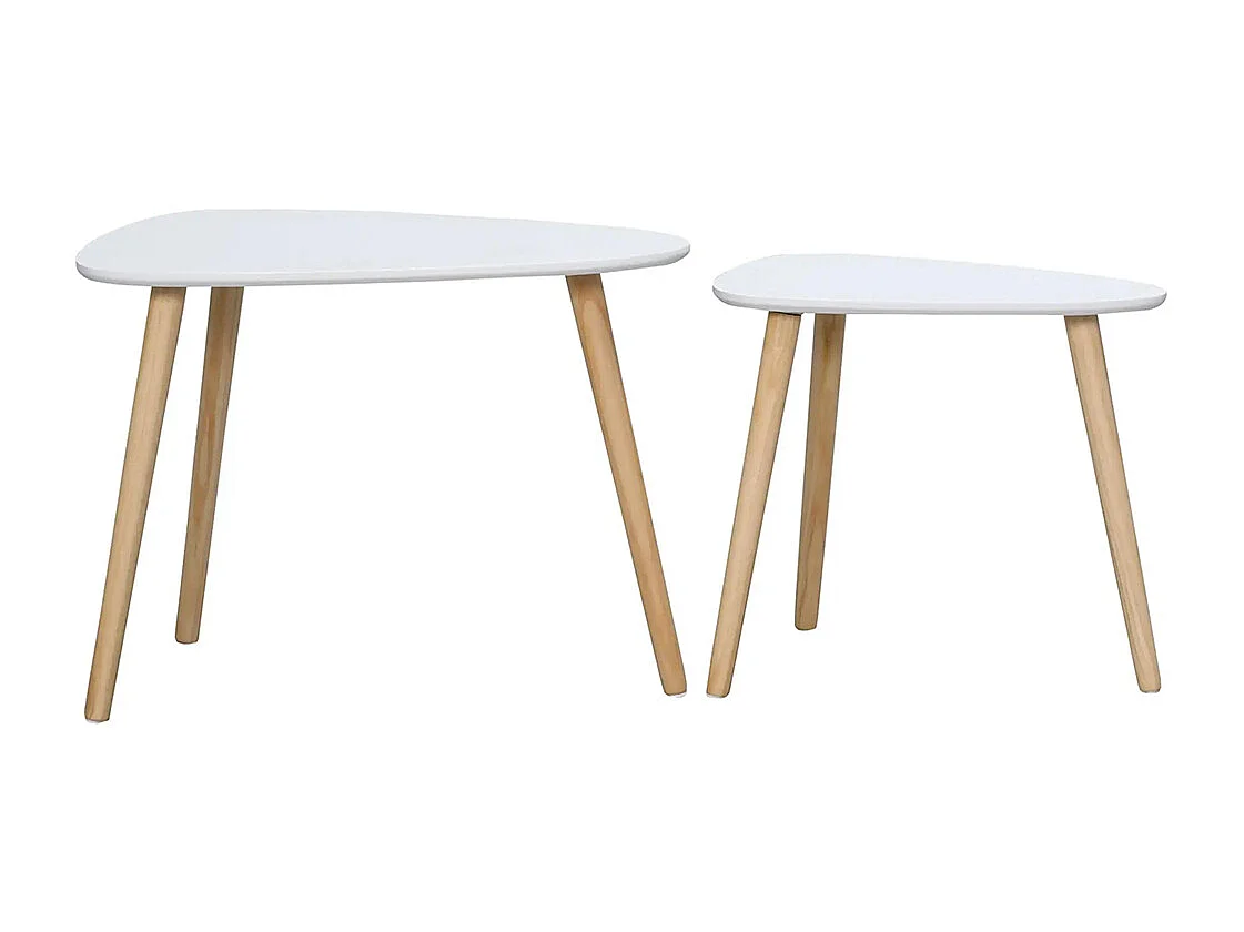 Lot de 2 tables basses gigognes design scandinave pieds en bois et plateau en bois, blanc