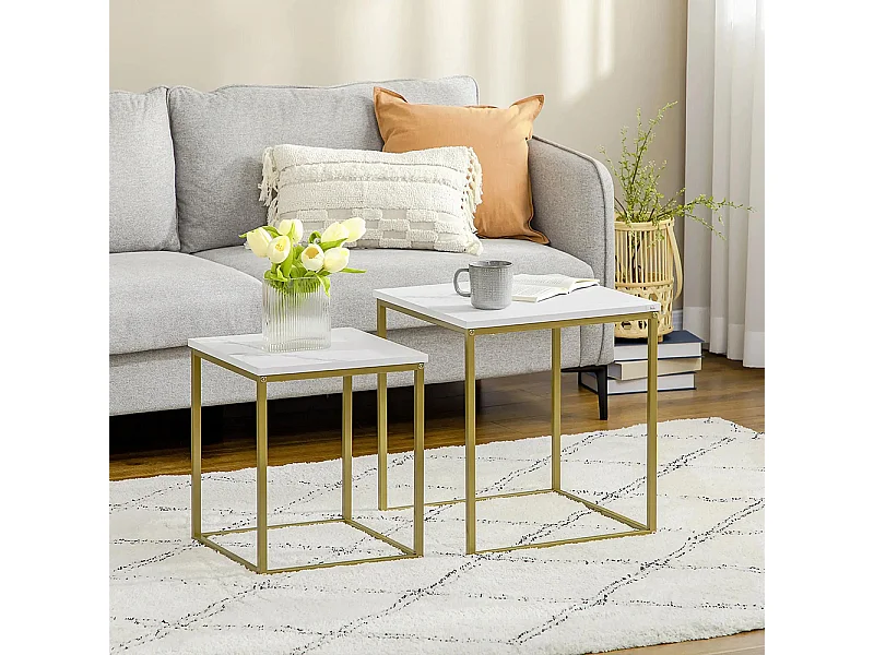 Lot de 2 tables basses gigognes carrées style art déco - acier doré panneaux aspect marbre blanc