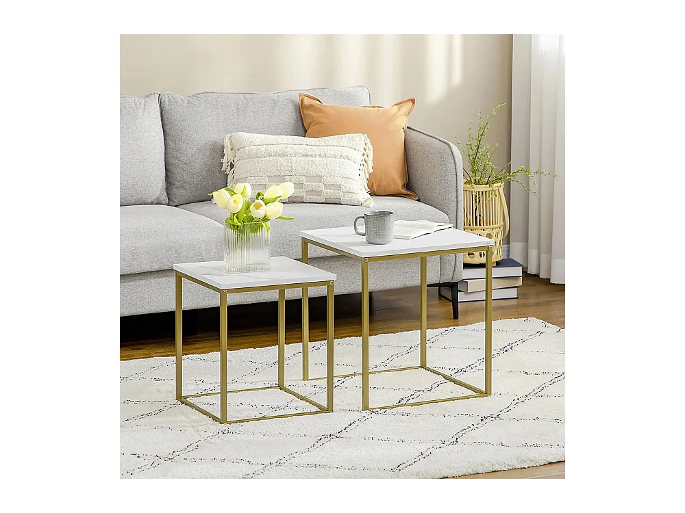 Lot de 2 tables basses gigognes carrées style art déco - acier doré panneaux aspect marbre blanc