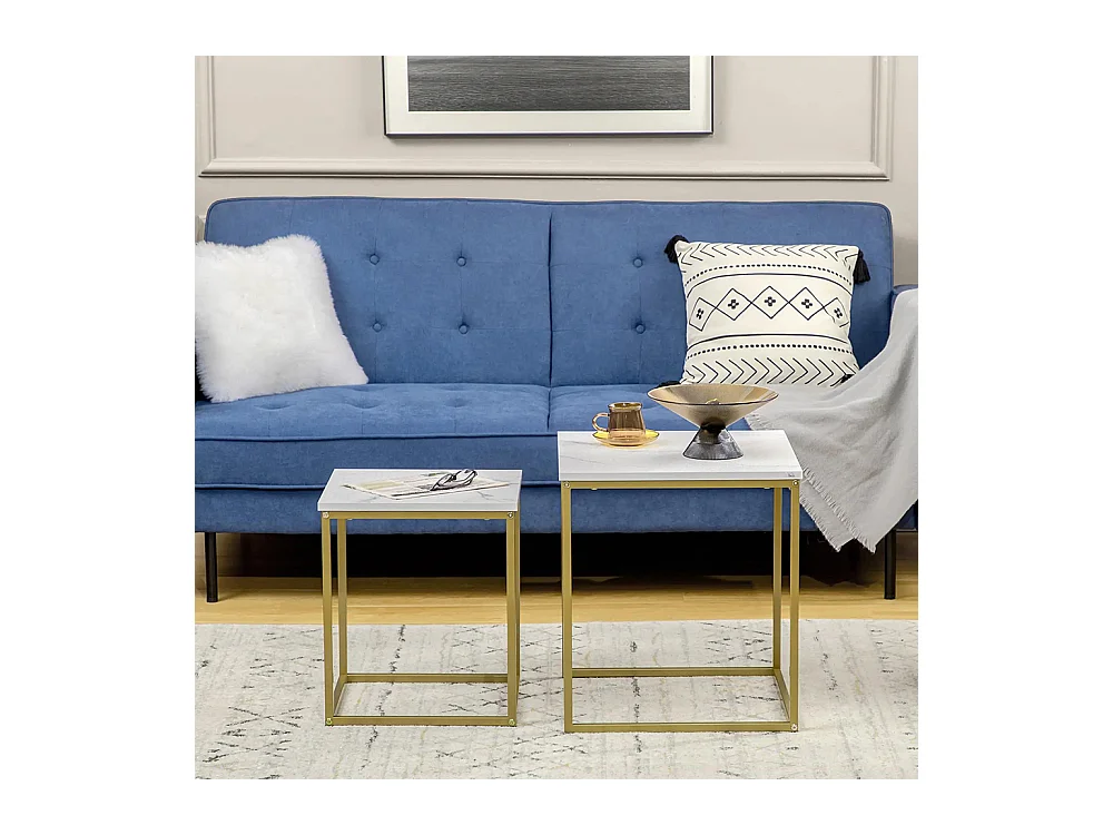 Lot de 2 tables basses gigognes carrées style art déco - acier doré panneaux aspect marbre blanc