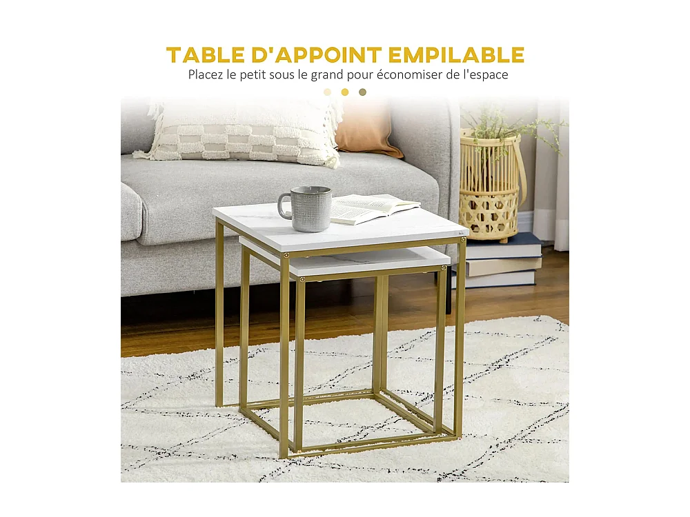 Lot de 2 tables basses gigognes carrées style art déco - acier doré panneaux aspect marbre blanc