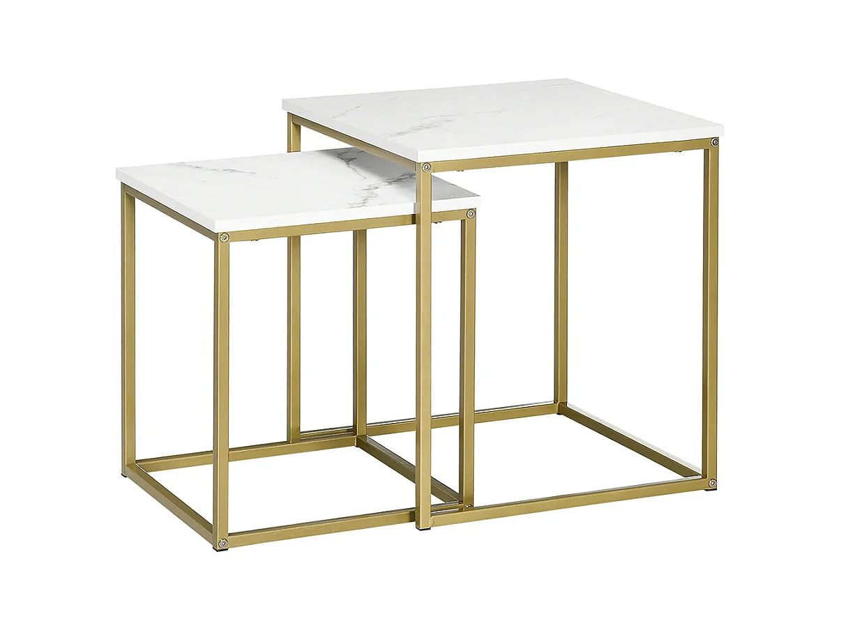 Lot de 2 tables basses gigognes carrées style art déco - acier doré panneaux aspect marbre blanc