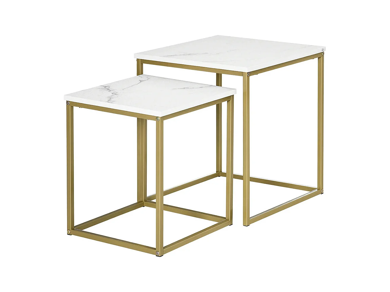 Lot de 2 tables basses gigognes carrées style art déco - acier doré panneaux aspect marbre blanc