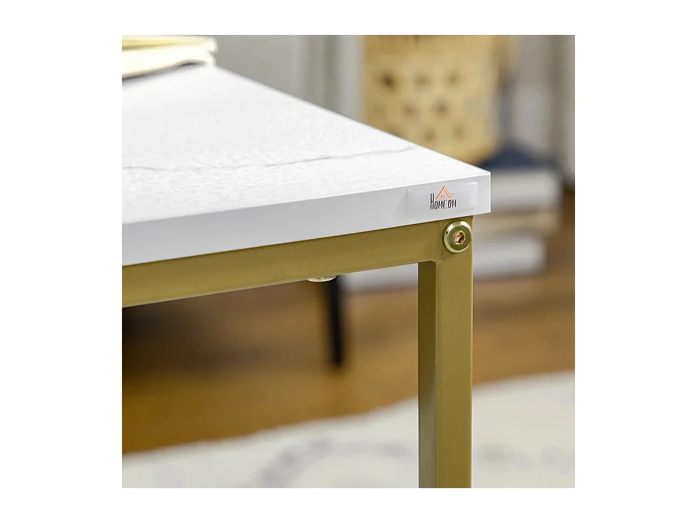 Lot de 2 tables basses gigognes carrées style art déco - acier doré panneaux aspect marbre blanc