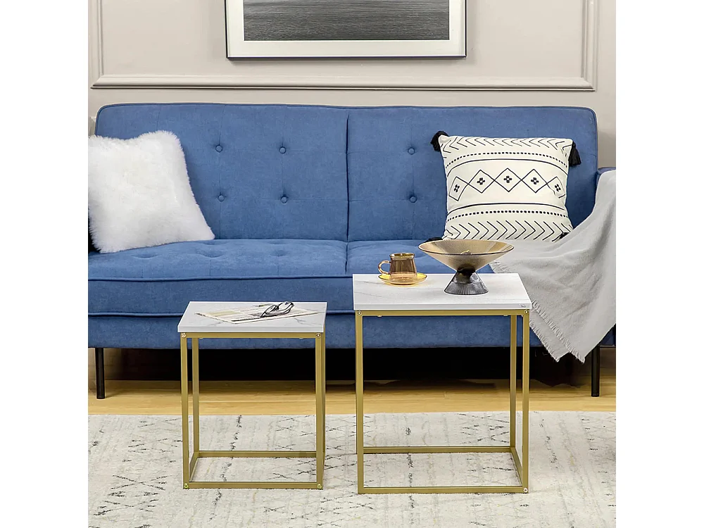 Lot de 2 tables basses gigognes carrées style art déco - acier doré panneaux aspect marbre blanc