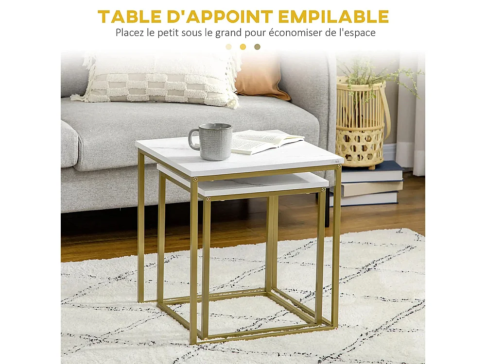 Lot de 2 tables basses gigognes carrées style art déco - acier doré panneaux aspect marbre blanc