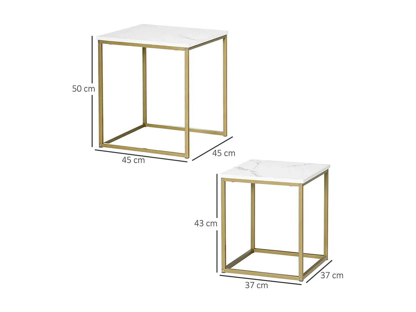 Lot de 2 tables basses gigognes carrées style art déco - acier doré panneaux aspect marbre blanc