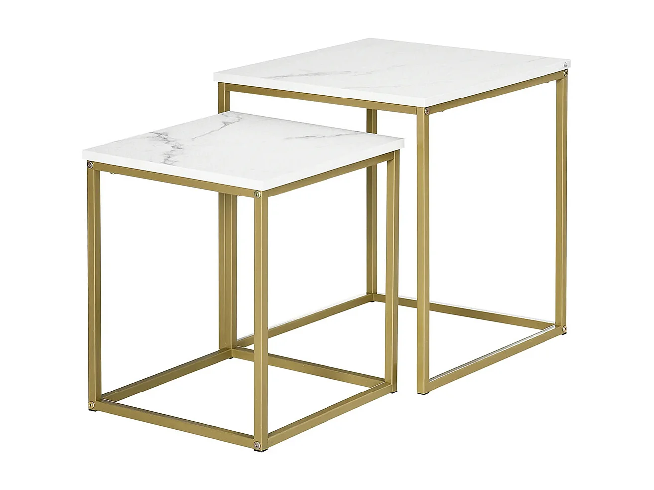 Lot de 2 tables basses gigognes carrées style art déco - acier doré panneaux aspect marbre blanc