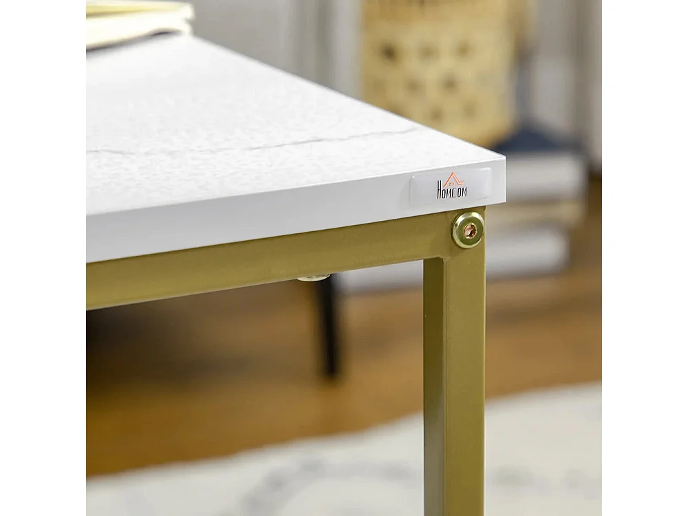 Lot de 2 tables basses gigognes carrées style art déco - acier doré panneaux aspect marbre blanc