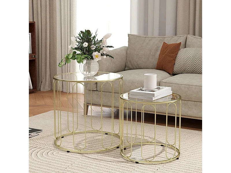 Lot de 2 tables basses gigognes rondes modernes avec cadre en métal et plateau en verre trempé, ton doré