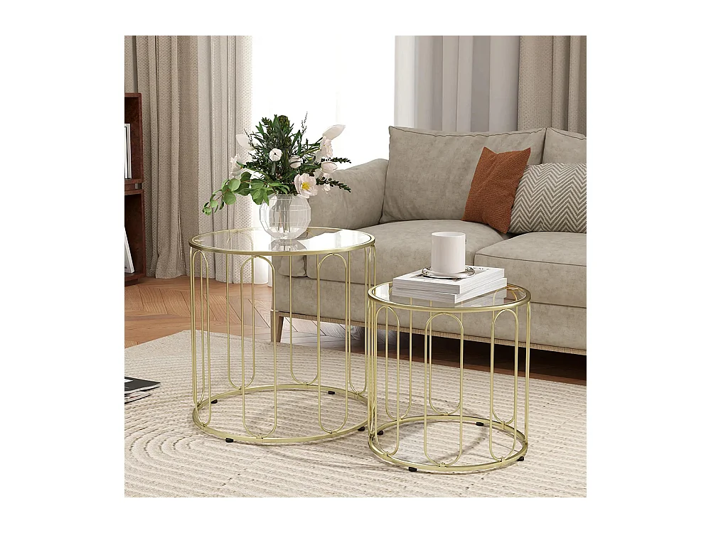 Lot de 2 tables basses gigognes rondes modernes avec cadre en métal et plateau en verre trempé, ton doré