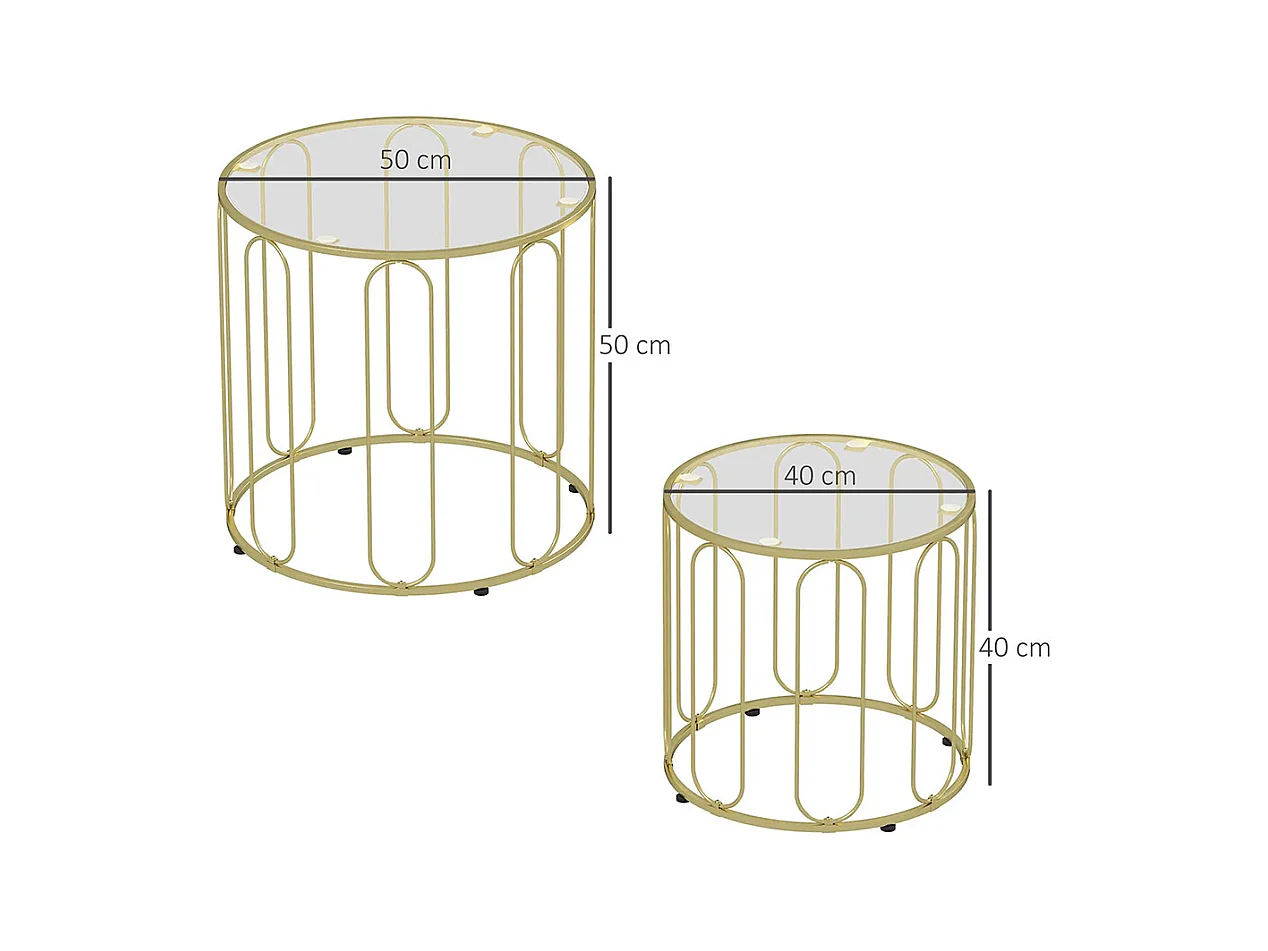 Lot de 2 tables basses gigognes rondes modernes avec cadre en métal et plateau en verre trempé, ton doré