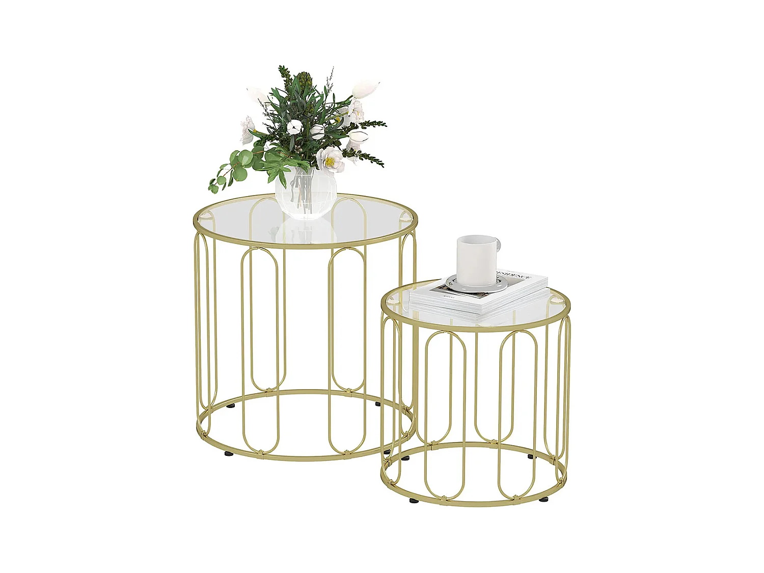 Lot de 2 tables basses gigognes rondes modernes avec cadre en métal et plateau en verre trempé, ton doré