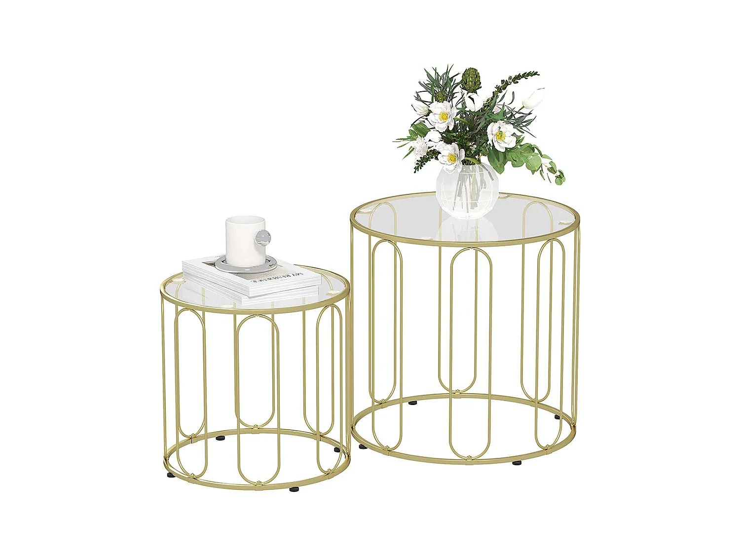 Lot de 2 tables basses gigognes rondes modernes avec cadre en métal et plateau en verre trempé, ton doré